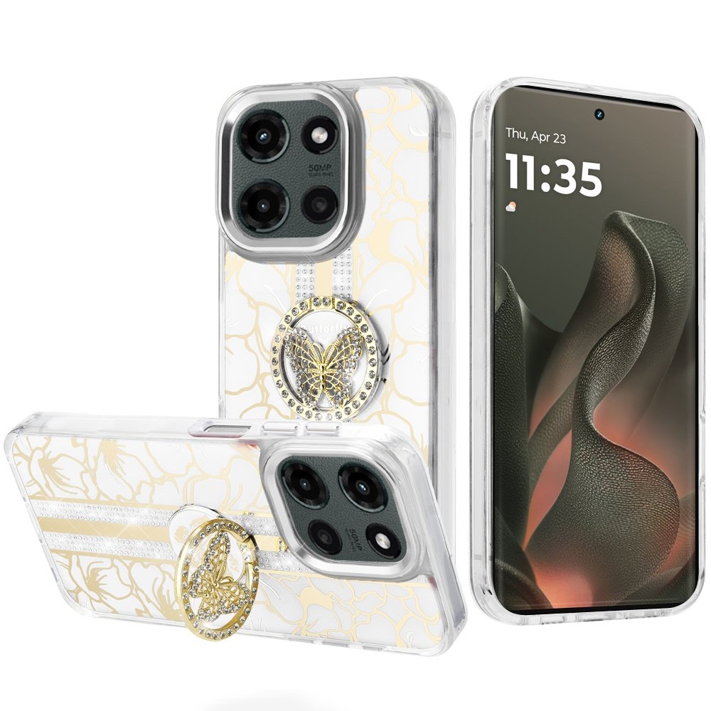 for motorola edge 2025 splendid floral designs with metal camera and buttons with butterfly ring stand hybrid case white