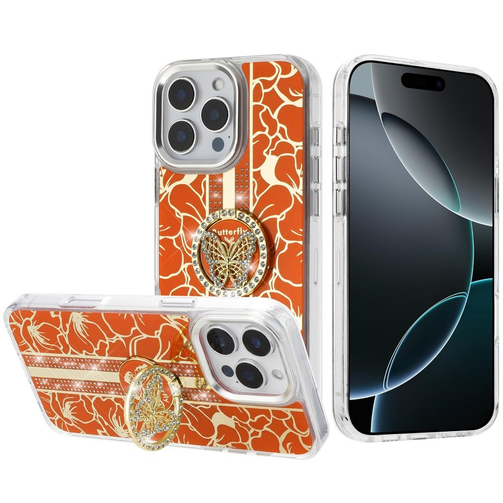 for iphone 16 pro max 6.9 inch splendid floral designs with metal camera and buttons with butterfly ring stand hybrid case cosmic orange