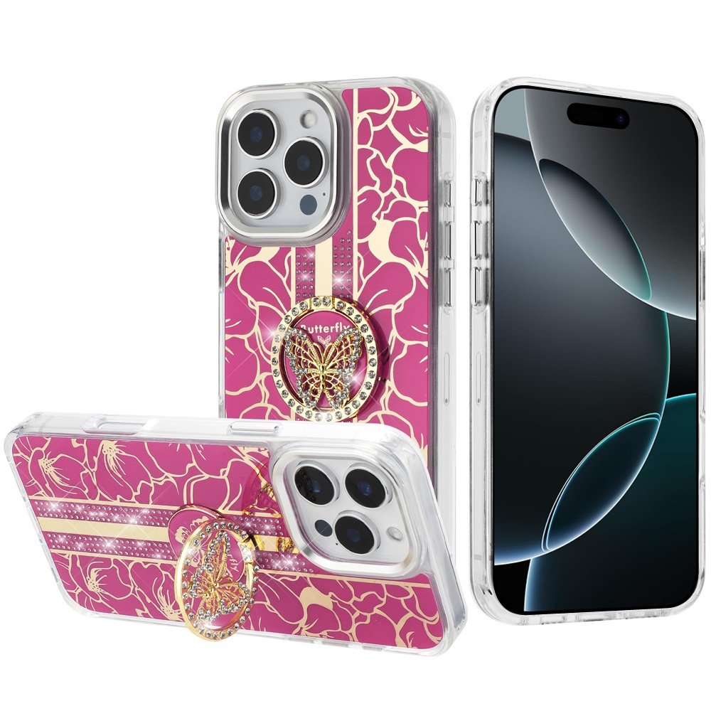for iphone 16 pro max 6.9 inch splendid floral designs with metal camera and buttons with butterfly ring stand hybrid case hot pink