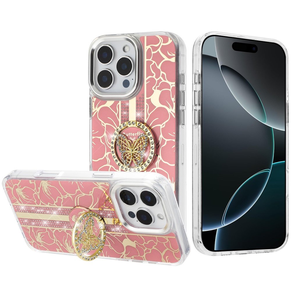 for iphone 16 pro max 6.9 inch splendid floral designs with metal camera and buttons with butterfly ring stand hybrid case light pink