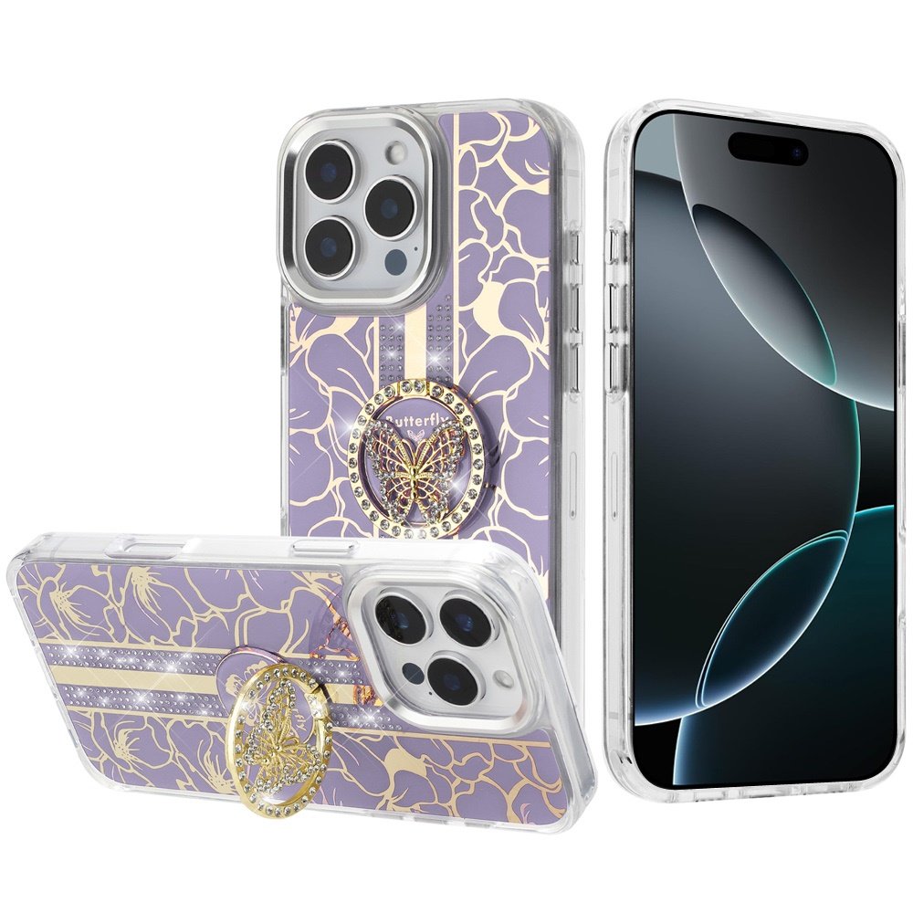for iphone 16 pro max 6.9 inch splendid floral designs with metal camera and buttons with butterfly ring stand hybrid case purple