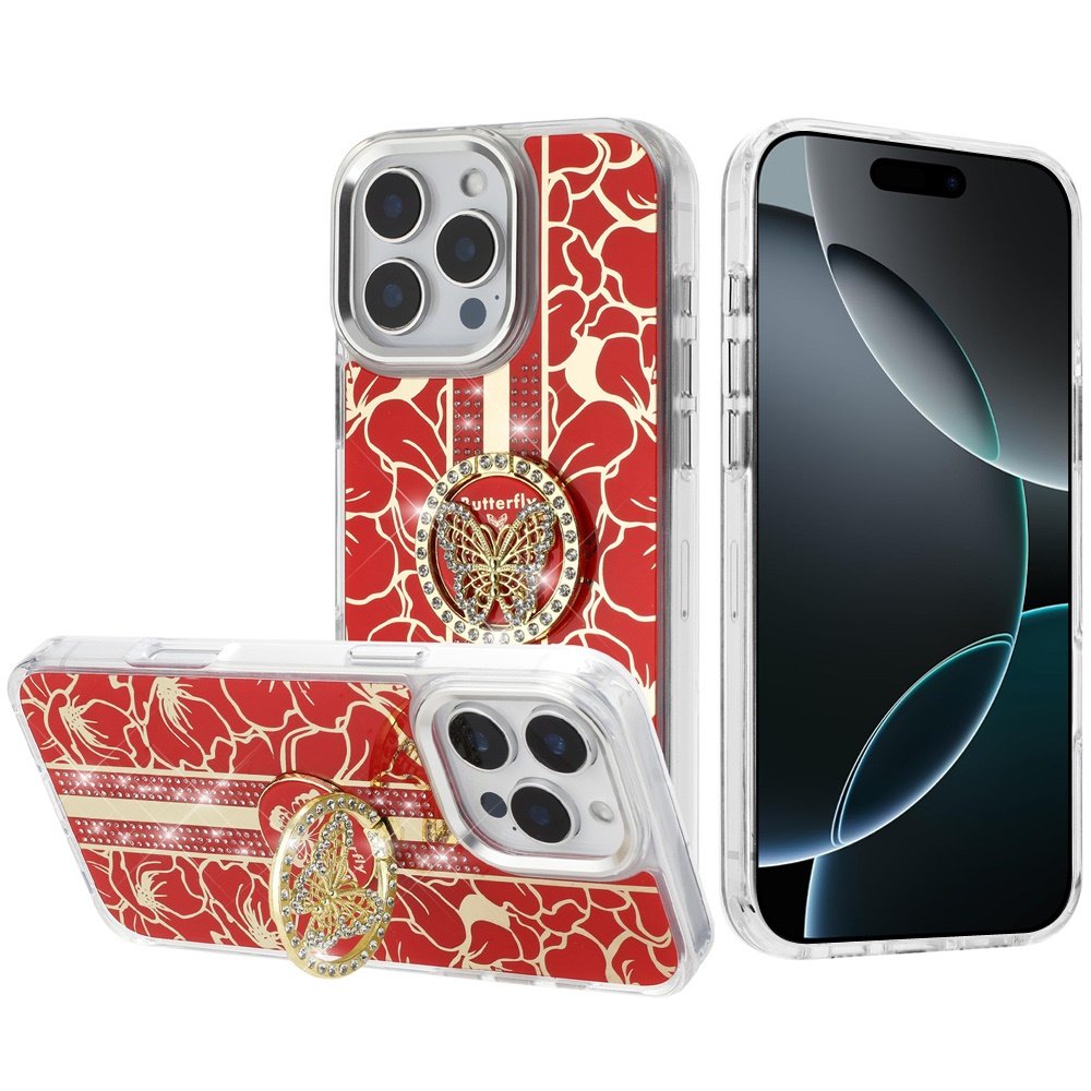 for iphone 16 pro max 6.9 inch splendid floral designs with metal camera and buttons with butterfly ring stand hybrid case red
