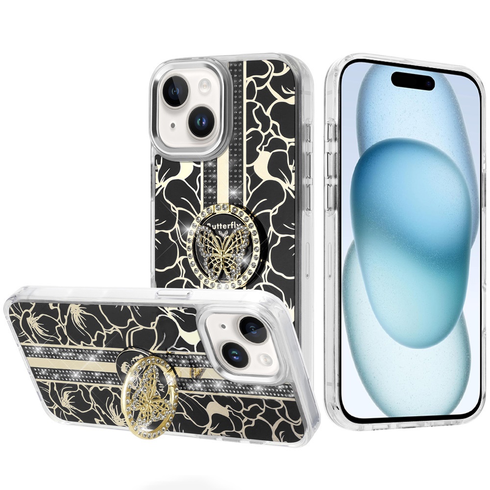 for iphone 15 splendid floral designs with metal camera and buttons with butterfly ring stand hybrid case black