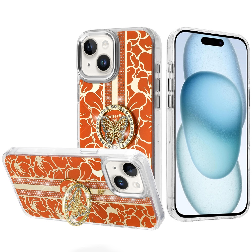 for iphone 15 splendid floral designs with metal camera and buttons with butterfly ring stand hybrid case cosmic orange