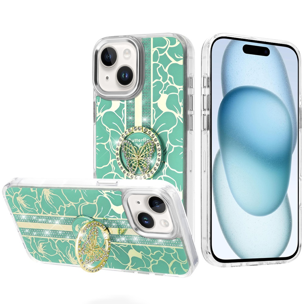 for iphone 15 splendid floral designs with metal camera and buttons with butterfly ring stand hybrid case light green