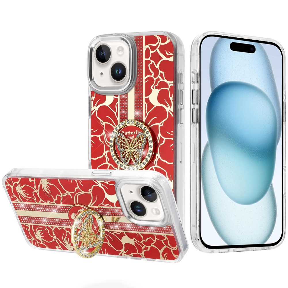 for iphone 15 splendid floral designs with metal camera and buttons with butterfly ring stand hybrid case red