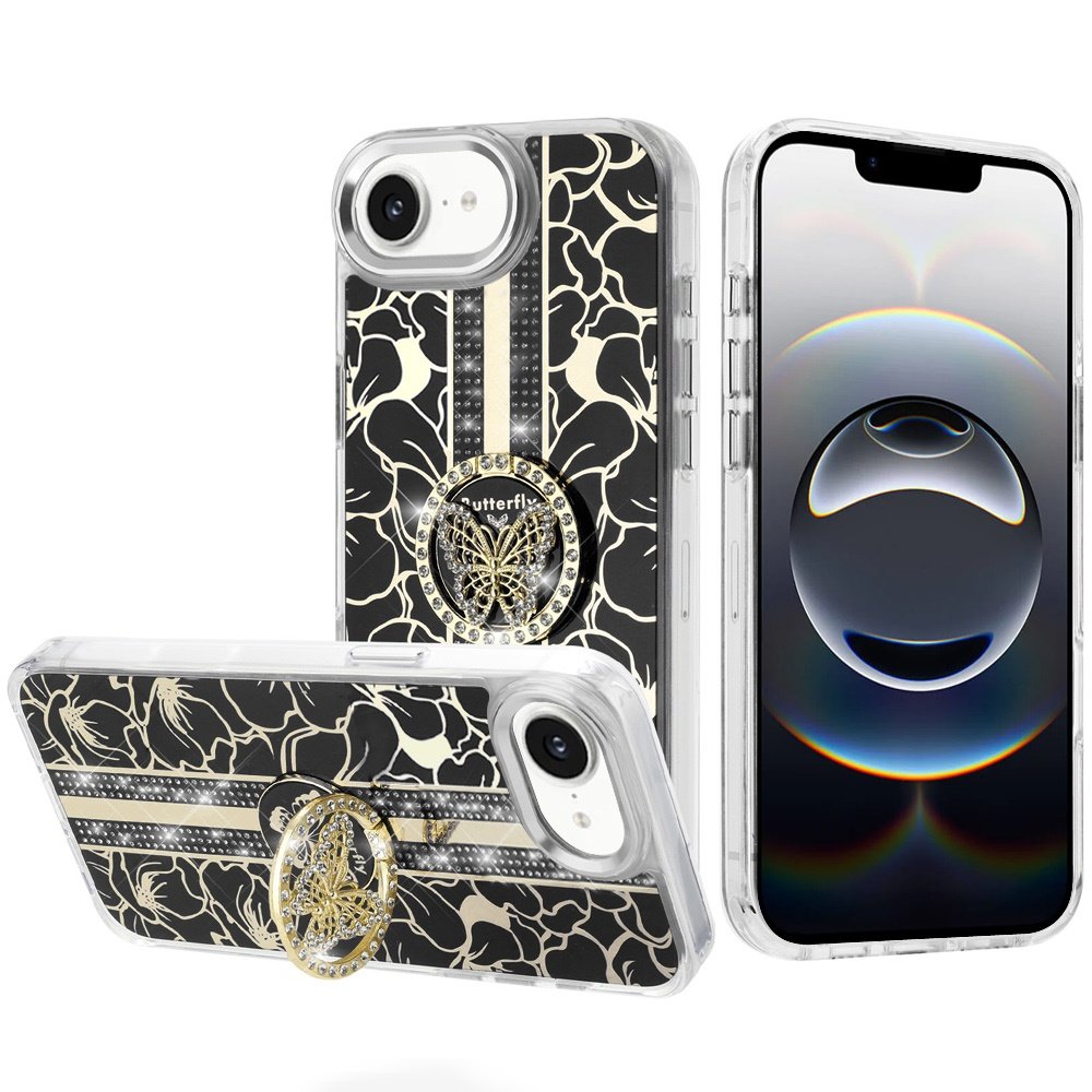 for iphone 17e / 16e / se4 splendid floral designs with metal camera and buttons with butterfly ring stand hybrid case black