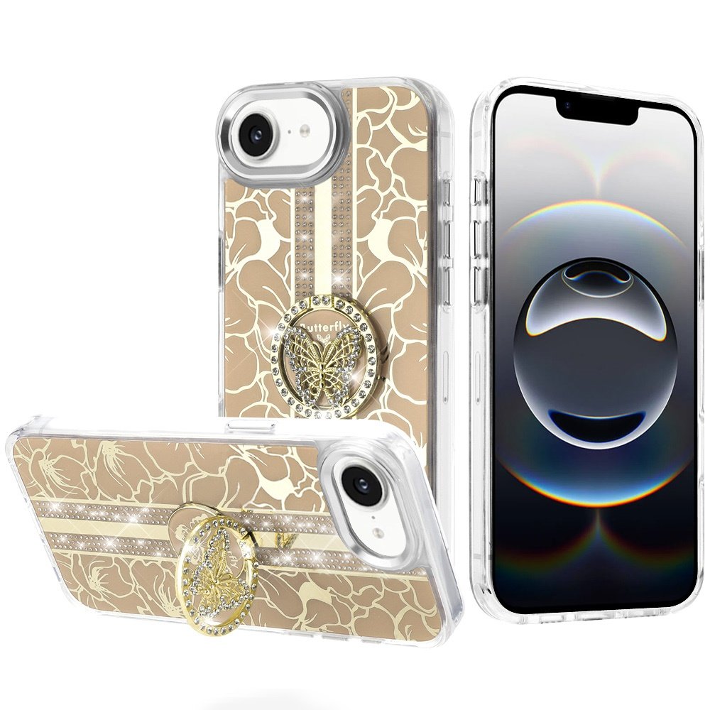 for iphone 17e / 16e / se4 splendid floral designs with metal camera and buttons with butterfly ring stand hybrid case gold
