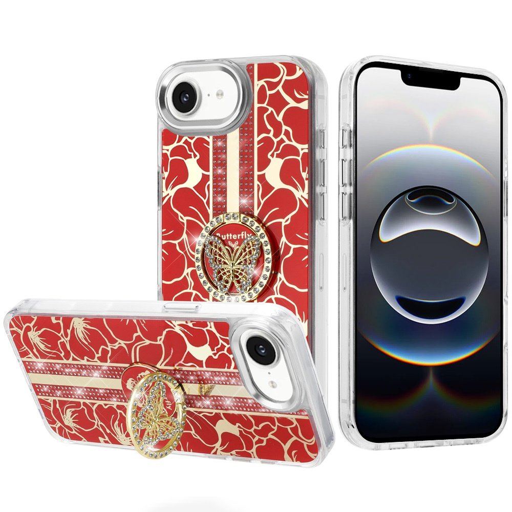 for iphone 17e / 16e / se4 splendid floral designs with metal camera and buttons with butterfly ring stand hybrid case red