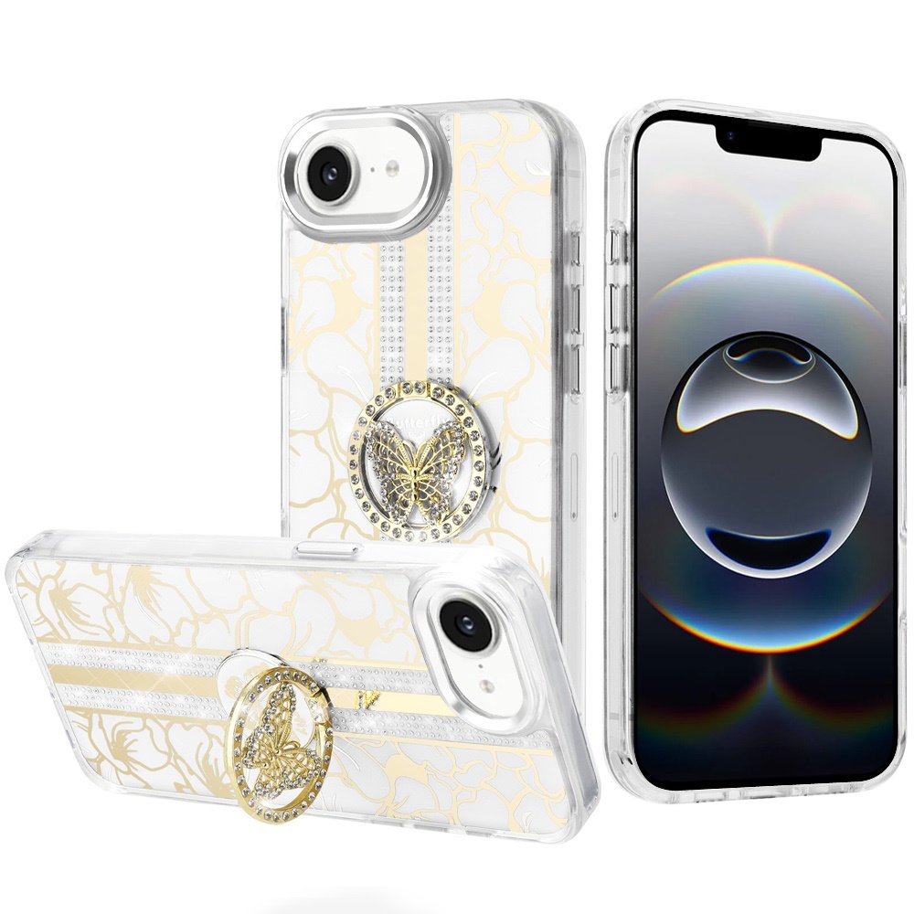 for iphone 17e / 16e / se4 splendid floral designs with metal camera and buttons with butterfly ring stand hybrid case white