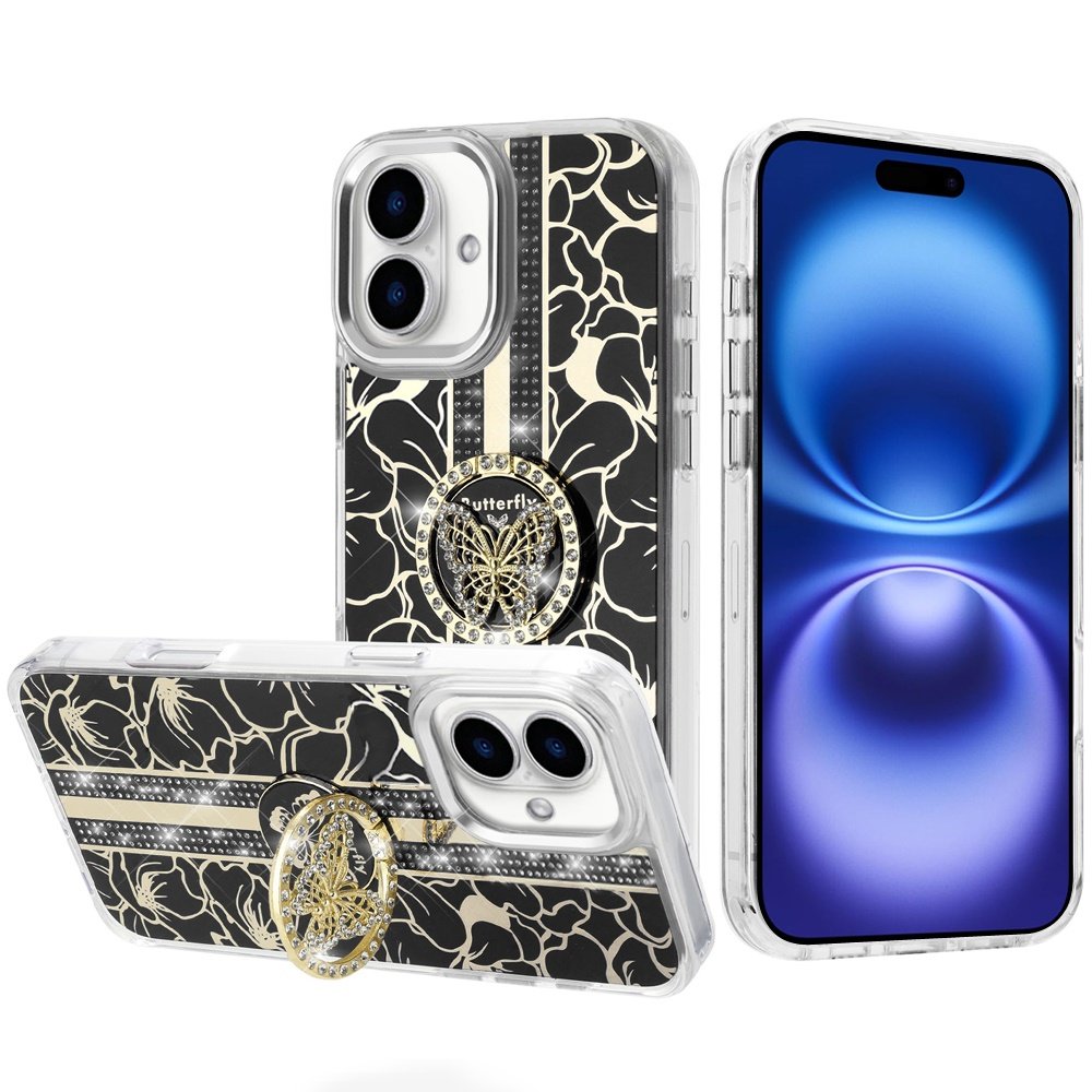 for iphone 17 splendid floral designs with metal camera and buttons with butterfly ring stand hybrid case black