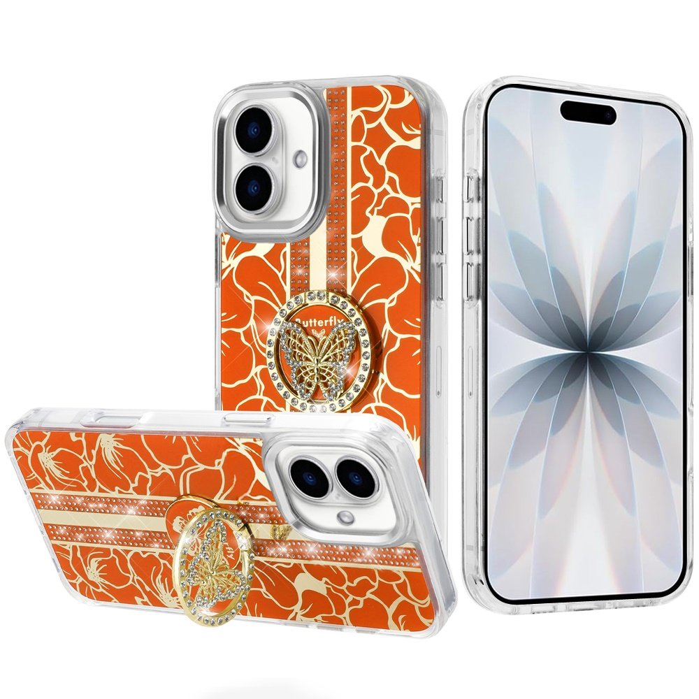 for iphone 17 splendid floral designs with metal camera and buttons with butterfly ring stand hybrid case cosmic orange