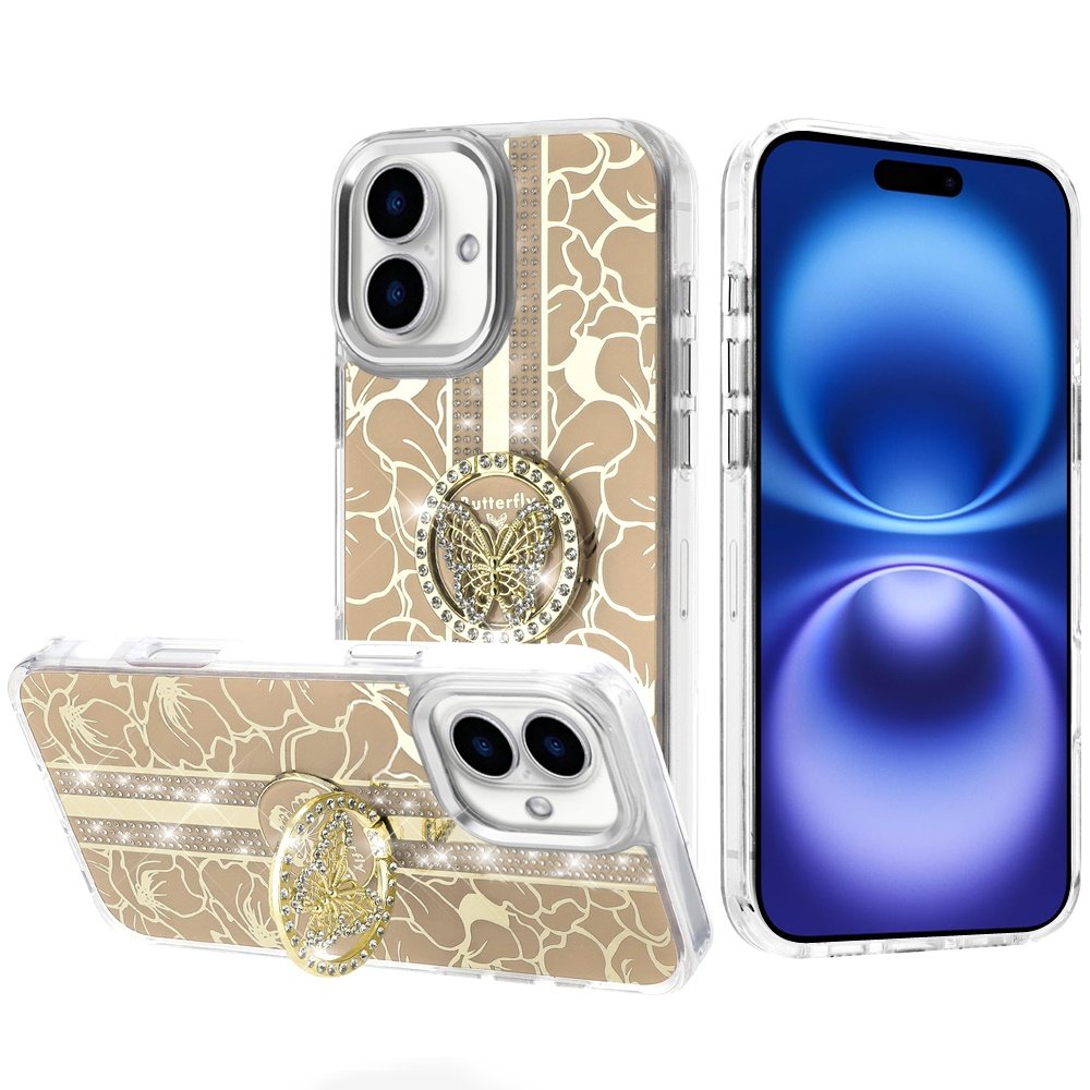 for iphone 17 splendid floral designs with metal camera and buttons with butterfly ring stand hybrid case gold
