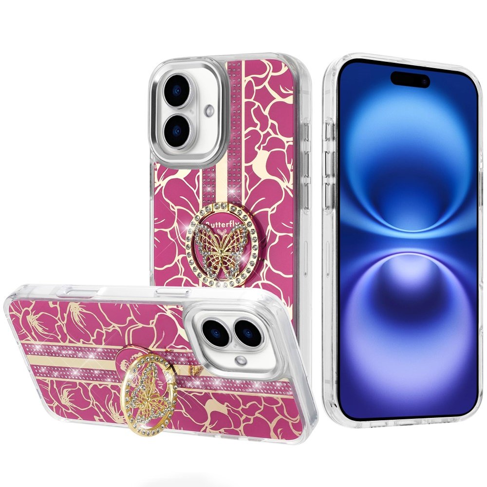 for iphone 17 splendid floral designs with metal camera and buttons with butterfly ring stand hybrid case hot pink