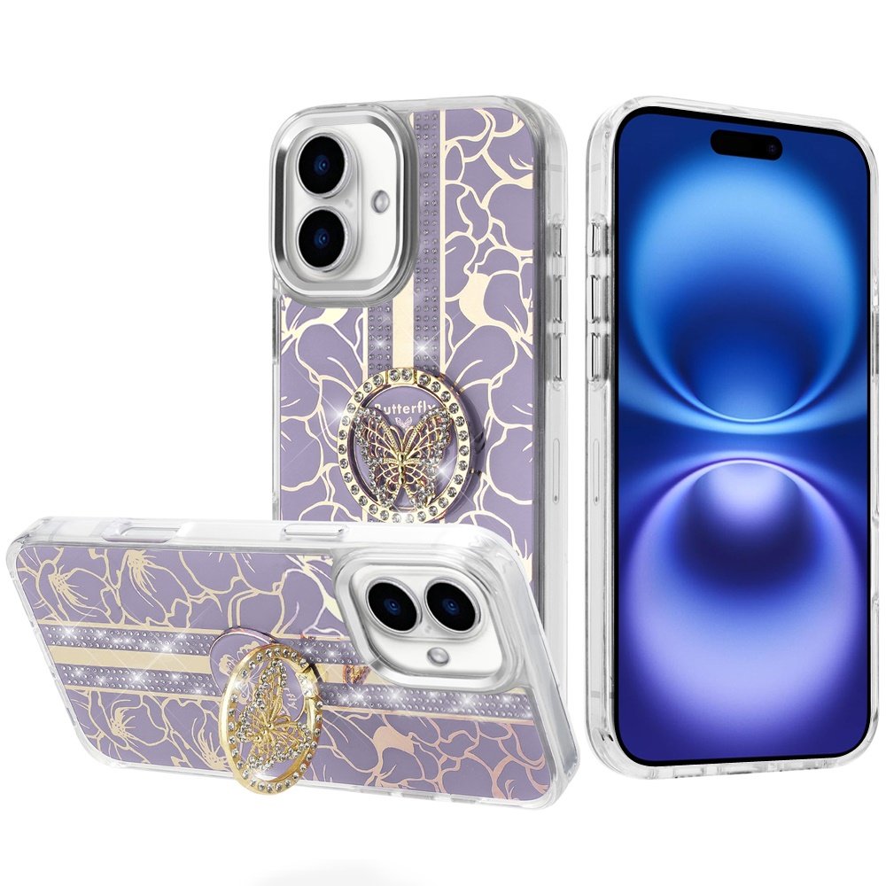 for iphone 17 splendid floral designs with metal camera and buttons with butterfly ring stand hybrid case purple