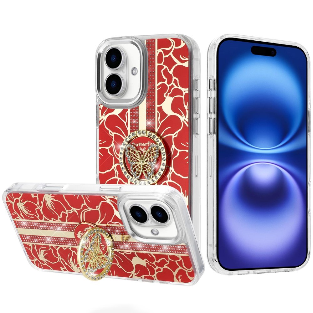 for iphone 17 splendid floral designs with metal camera and buttons with butterfly ring stand hybrid case red