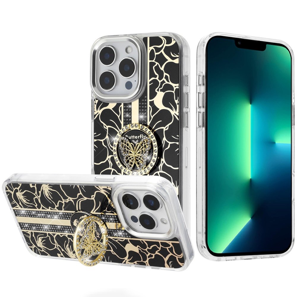 for iphone 13 pro max splendid floral designs with metal camera and buttons with butterfly ring stand hybrid case black
