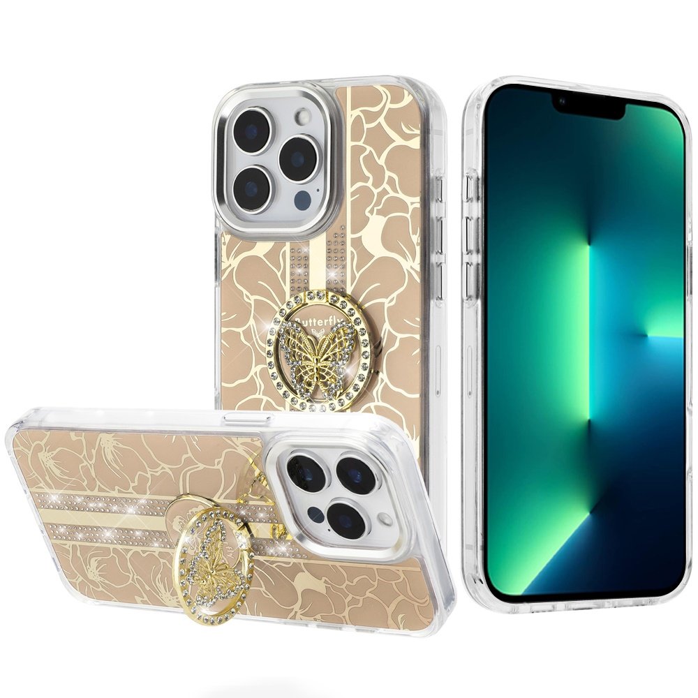 for iphone 13 pro max splendid floral designs with metal camera and buttons with butterfly ring stand hybrid case gold