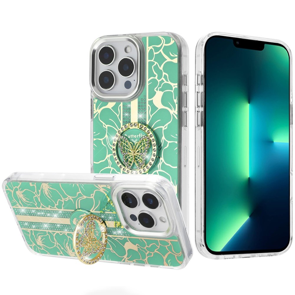 for iphone 13 pro max splendid floral designs with metal camera and buttons with butterfly ring stand hybrid case light green