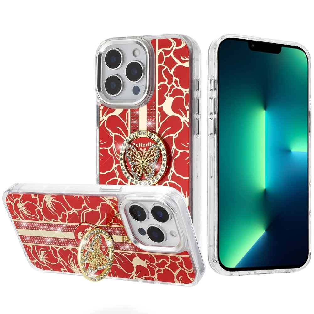 for iphone 13 pro max splendid floral designs with metal camera and buttons with butterfly ring stand hybrid case red