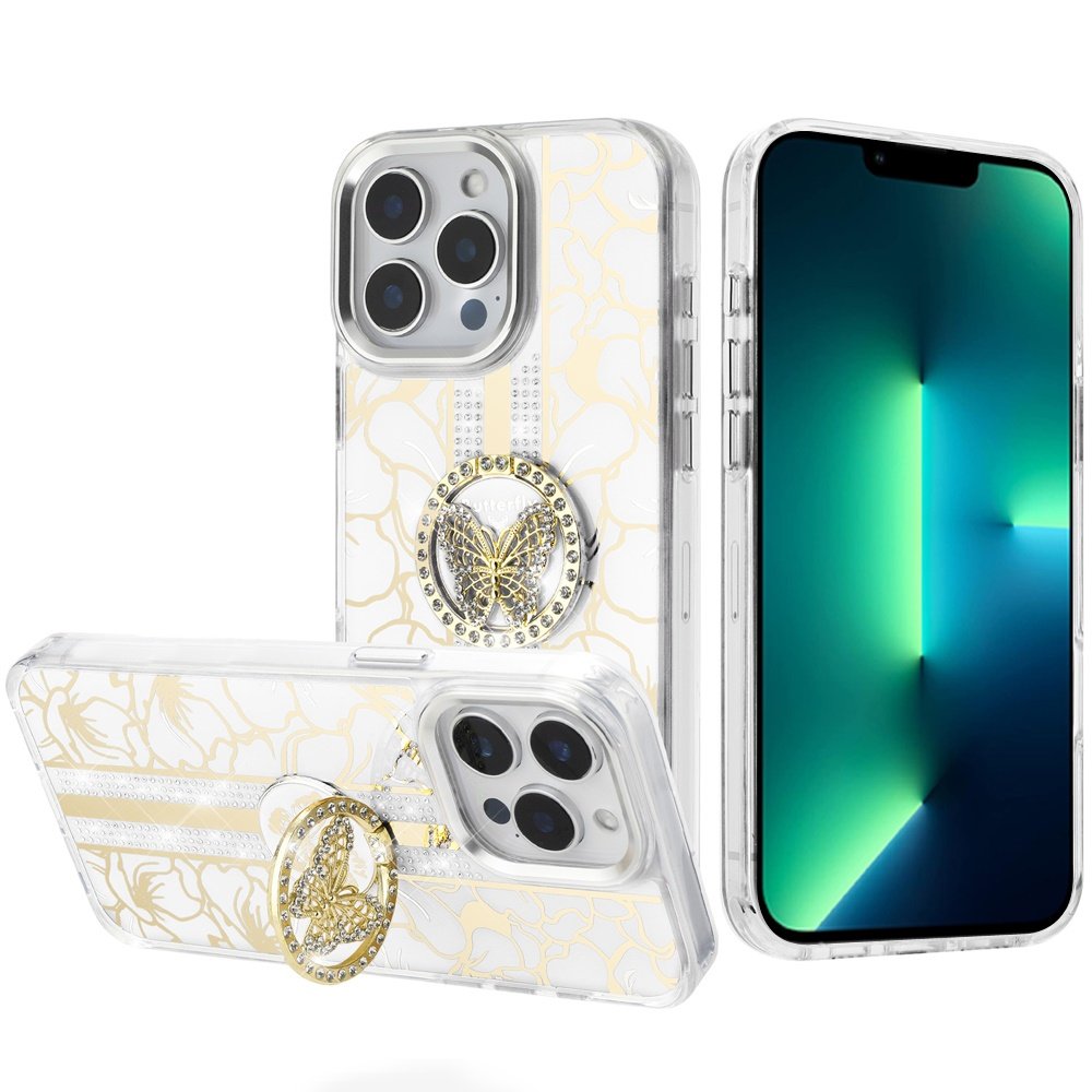 for iphone 13 pro max splendid floral designs with metal camera and buttons with butterfly ring stand hybrid case white