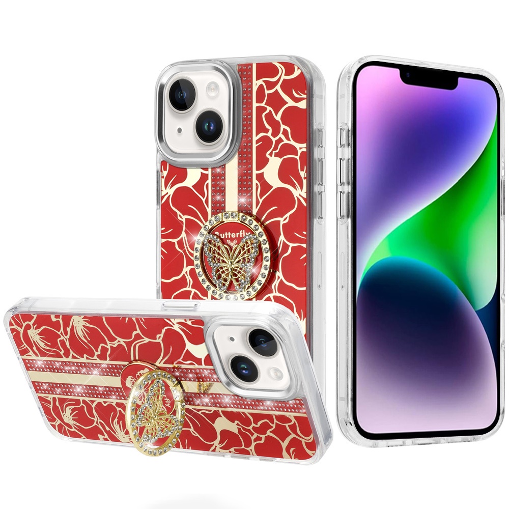 for iphone 13/14 splendid floral designs with metal camera and buttons with butterfly ring stand hybrid case red