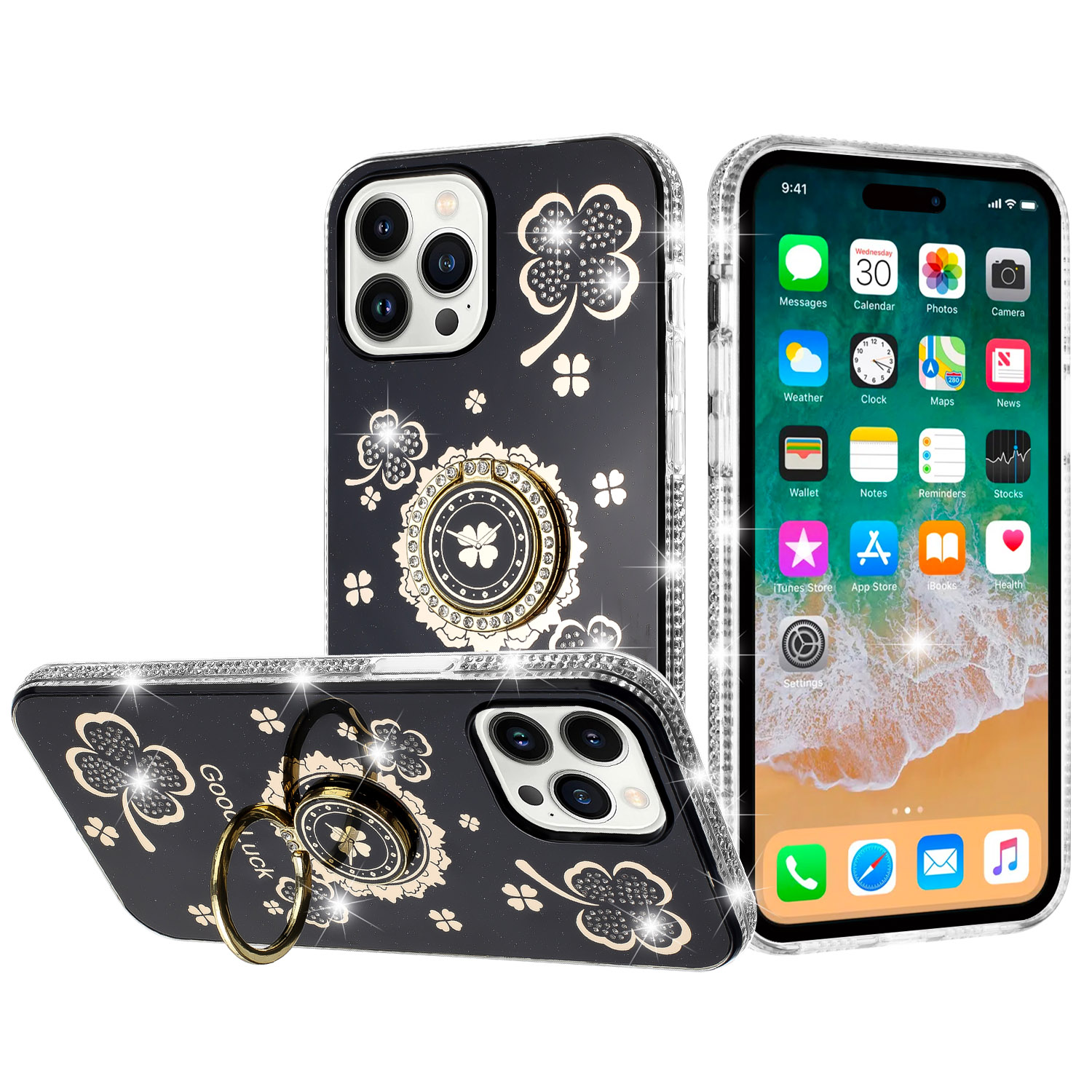 for iphone 15 pro splendid glitter with diamonds all around edges ring stand case cover black