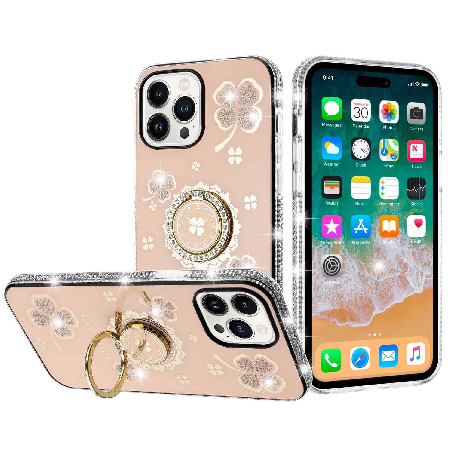 for iphone 15 splendid glitter with diamonds all around edges ring stand case cover gold