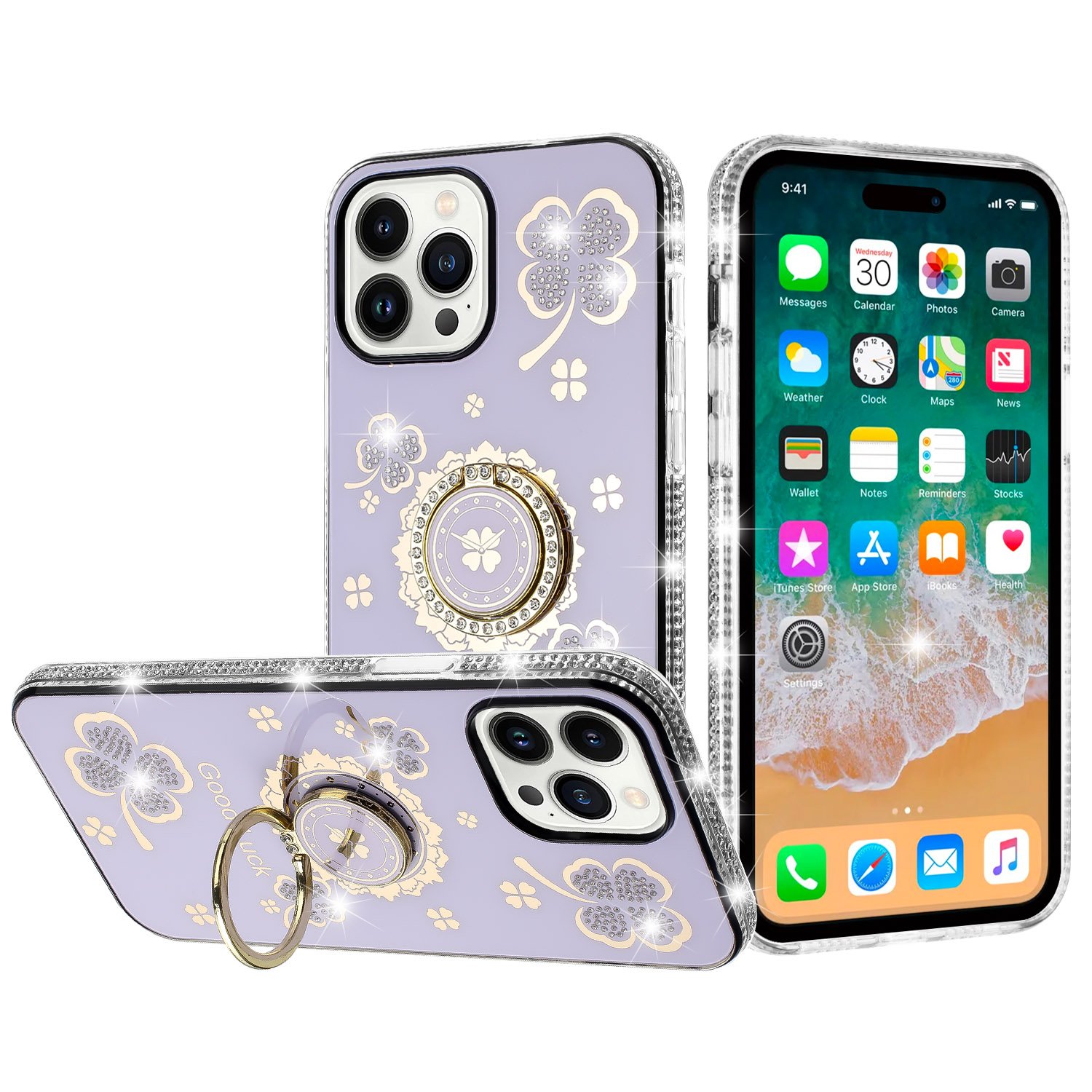 for ip15 pro max splendid glitter with diamonds all around edges ring stand case cover purple