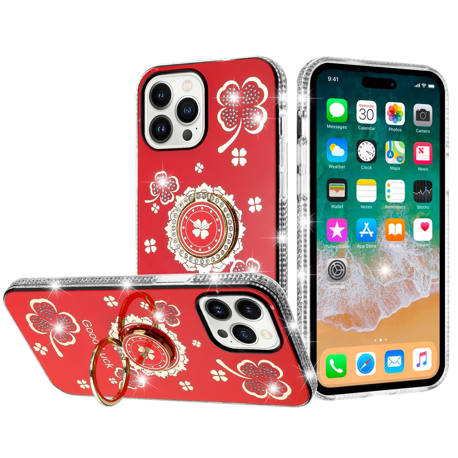 for ip15 pro max splendid glitter with diamonds all around edges ring stand case cover red