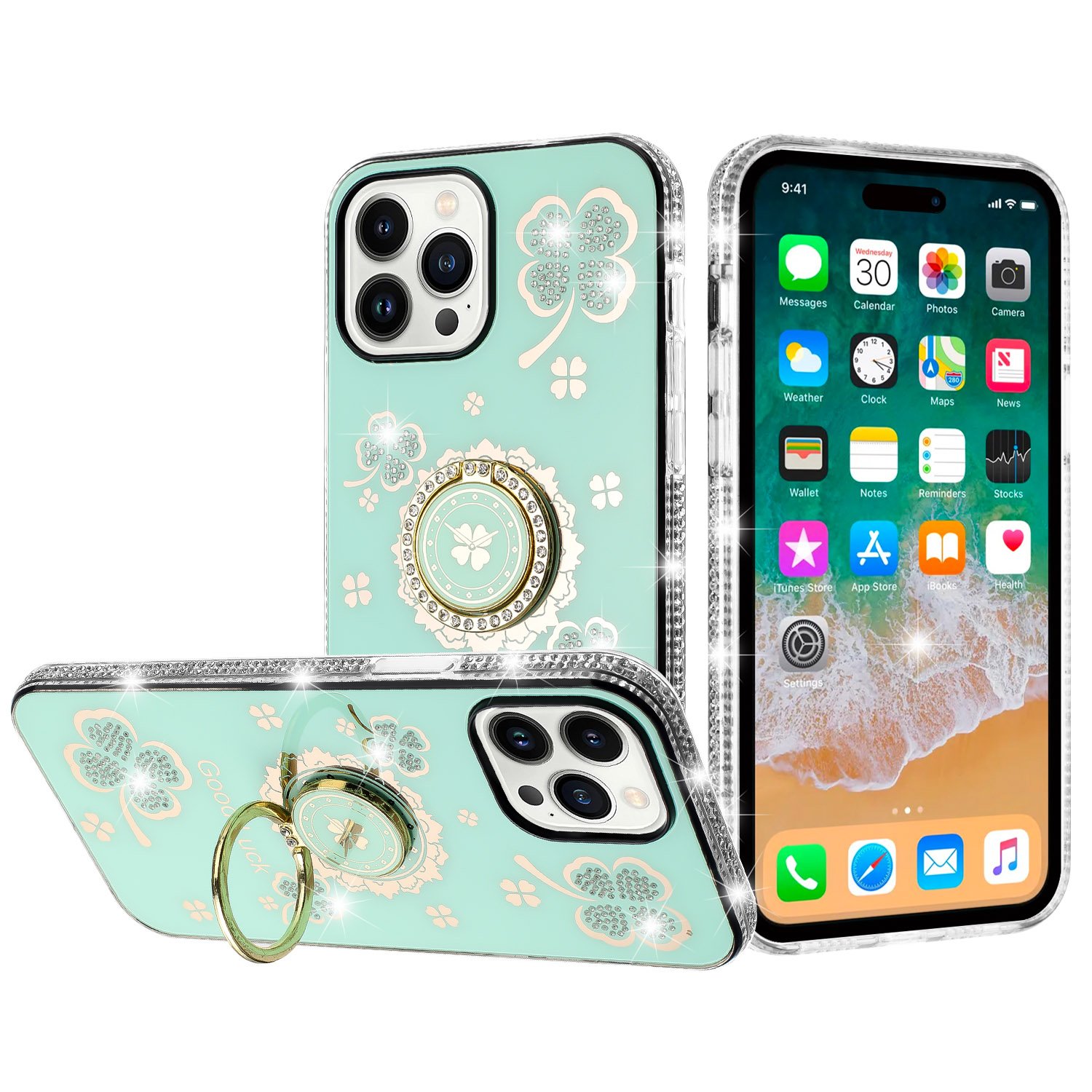 for iphone 13 pro max splendid glitter with diamonds all around edges ring stand case cover teal