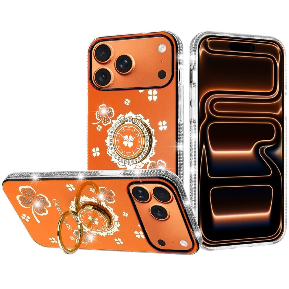 for iphone 17 pro max splendid glitter with diamonds all around edges ring stand case cover cosmic orange
