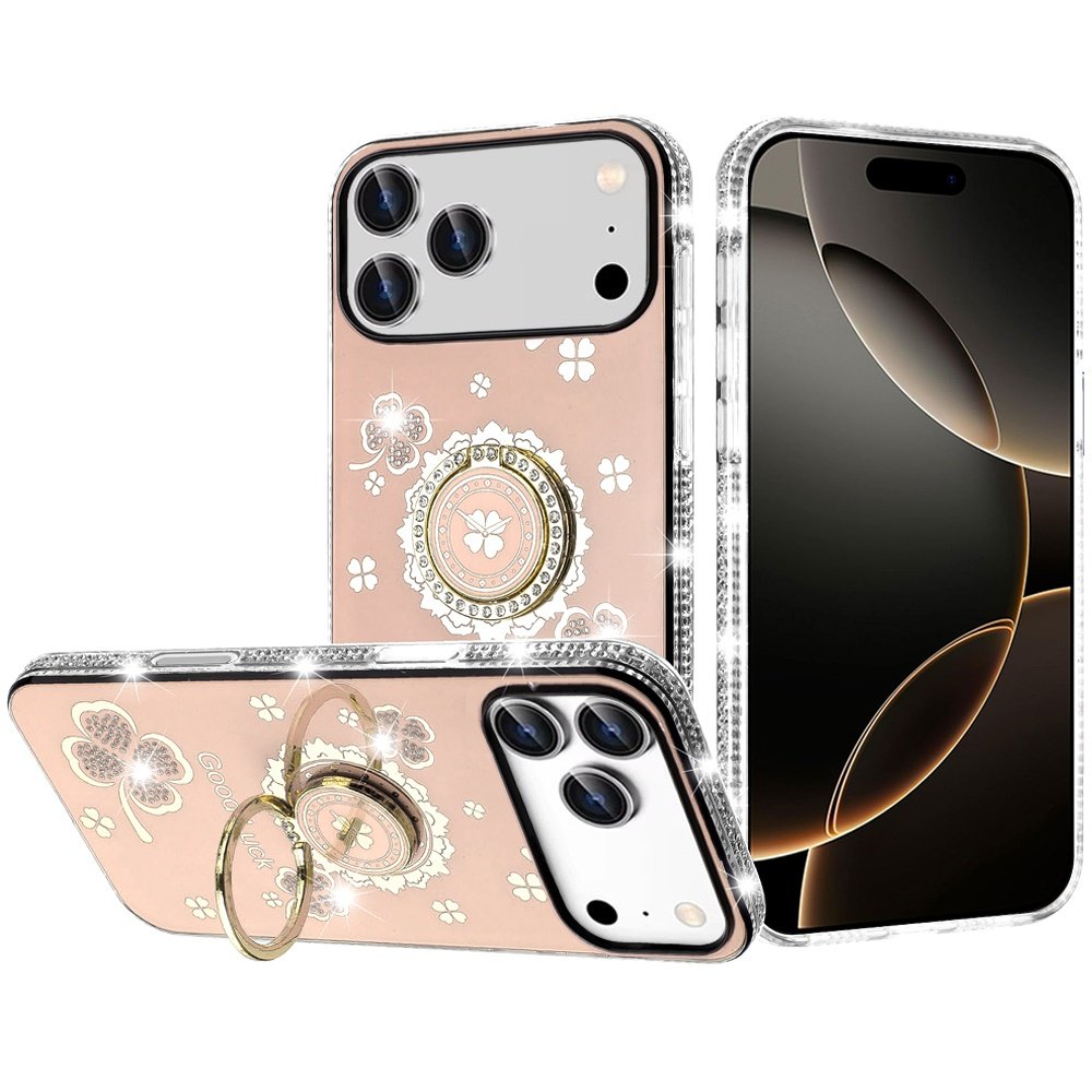 for iphone 17 pro max splendid glitter with diamonds all around edges ring stand case cover gold