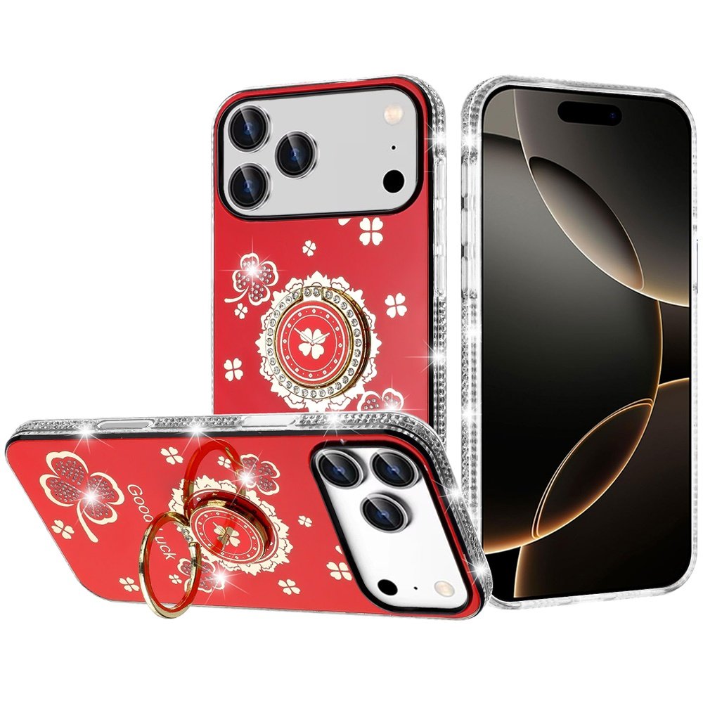 for iphone 17 pro max splendid glitter with diamonds all around edges ring stand case cover red