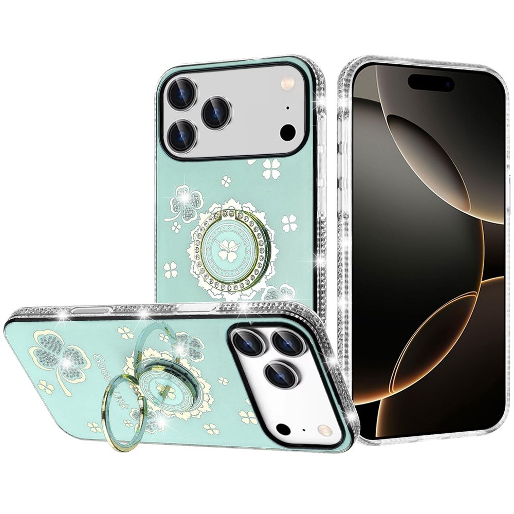 for iphone 17 pro max splendid glitter with diamonds all around edges ring stand case cover teal