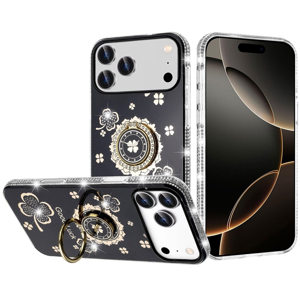 for iphone 17 pro splendid glitter with diamonds all around edges ring stand case cover black