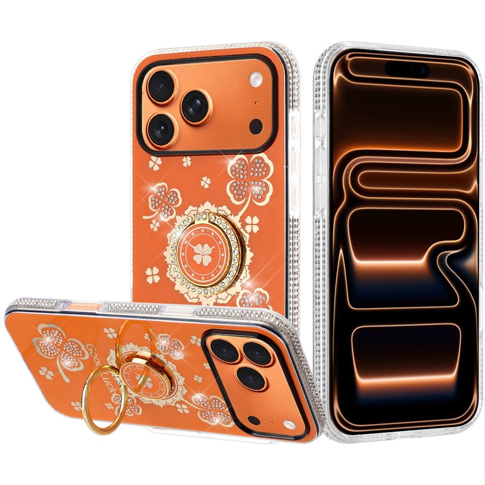 for iphone 17 pro splendid glitter with diamonds all around edges ring stand case cover cosmic orange