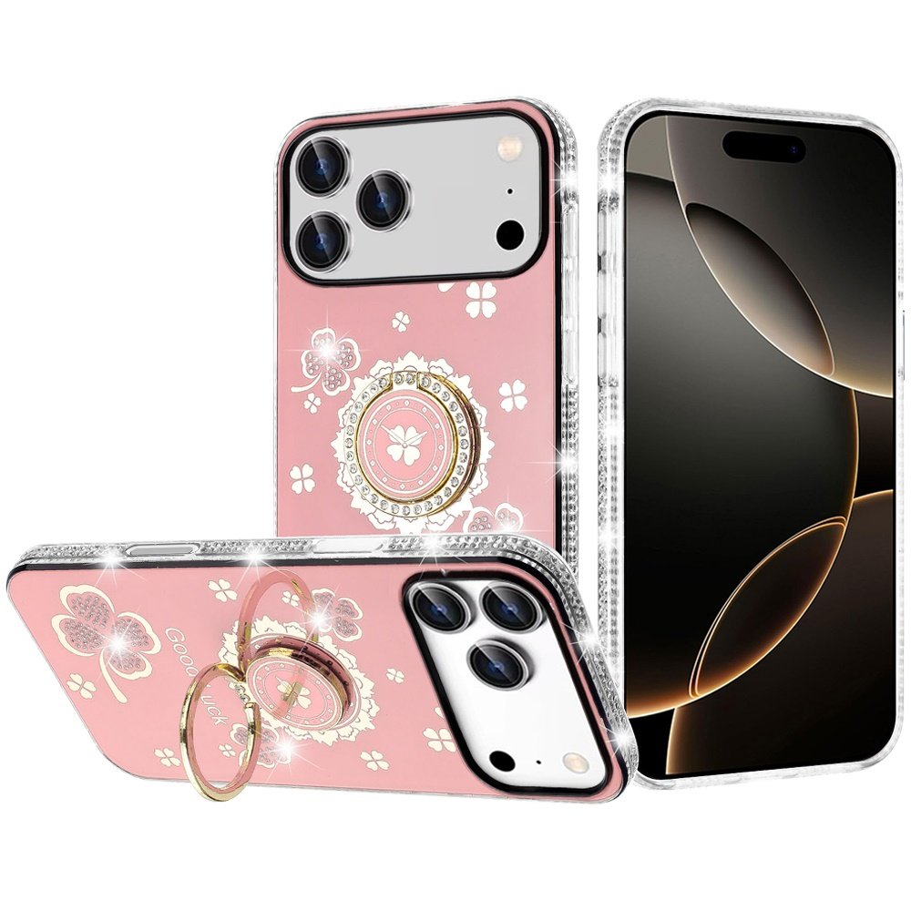 for iphone 17 pro splendid glitter with diamonds all around edges ring stand case cover pink