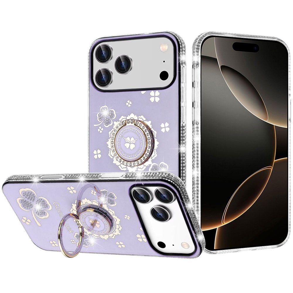 for iphone 17 pro splendid glitter with diamonds all around edges ring stand case cover purple