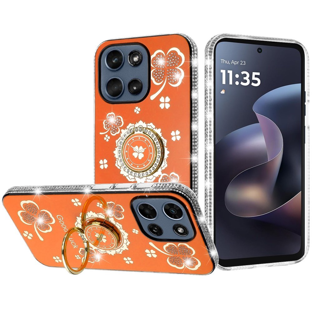 for moto g 5g 2025/2026 / g play 2026 splendid glitter with diamonds all around edges ring stand case cover cosmic orange