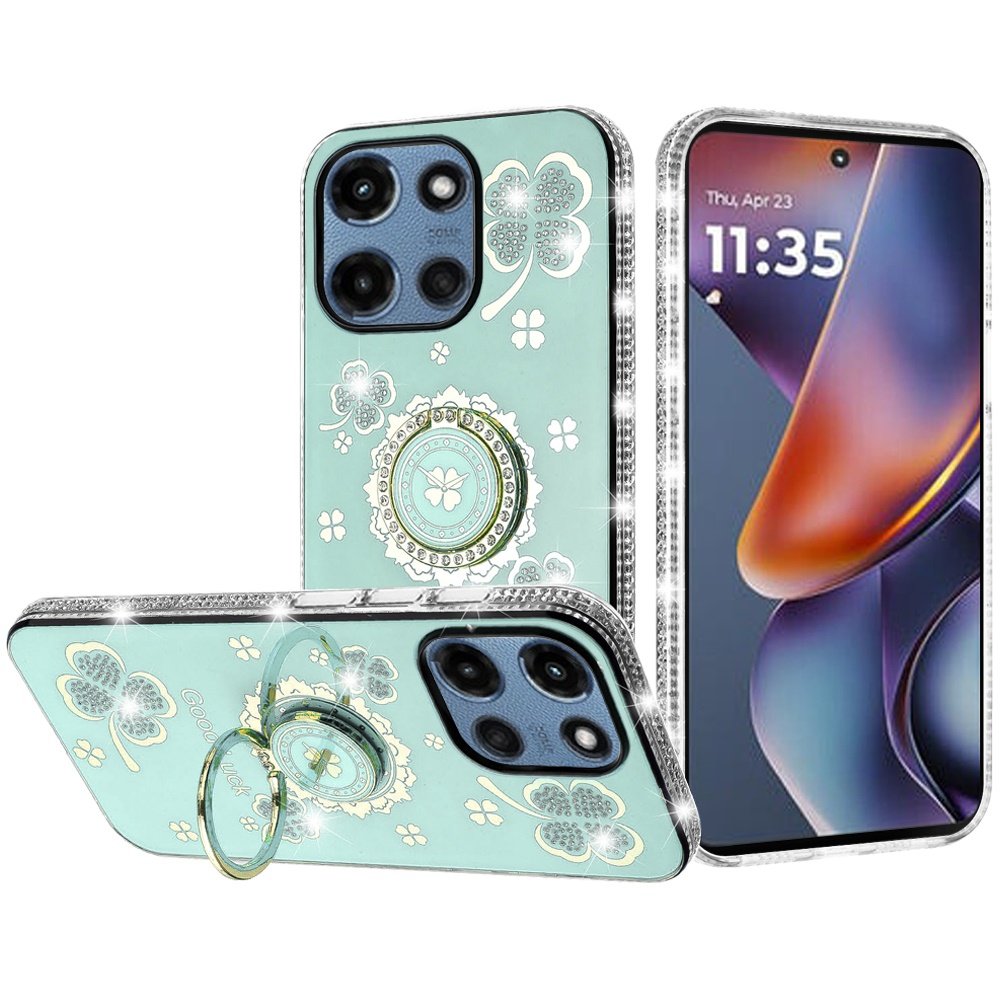 for moto g 5g 2025/2026 g play 2026 splendid glitter with diamonds all around edges ring stand case cover teal