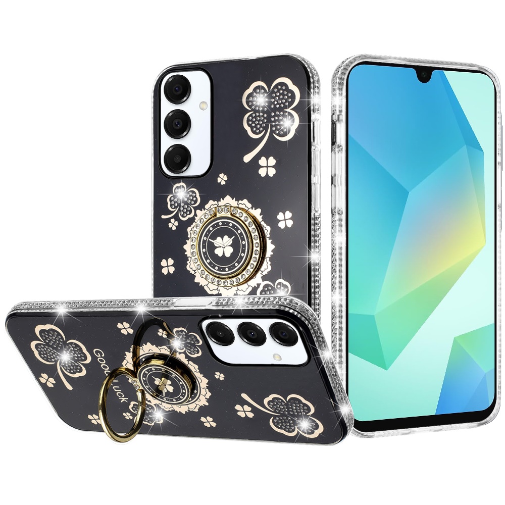 for samsung a16 5g splendid glitter with diamonds all around edges ring stand case cover black