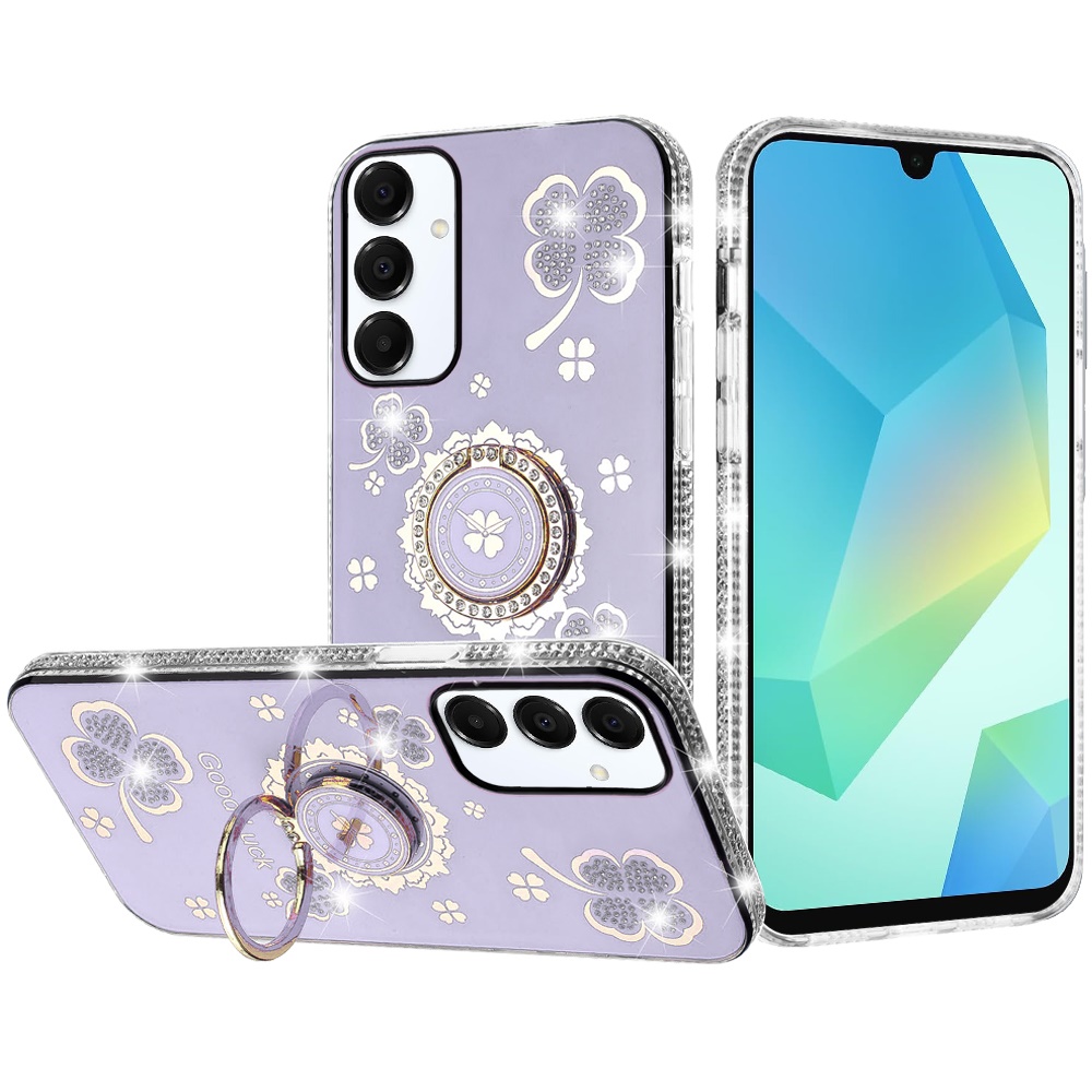 for samsung a16 5g splendid glitter with diamonds all around edges ring stand case cover purple