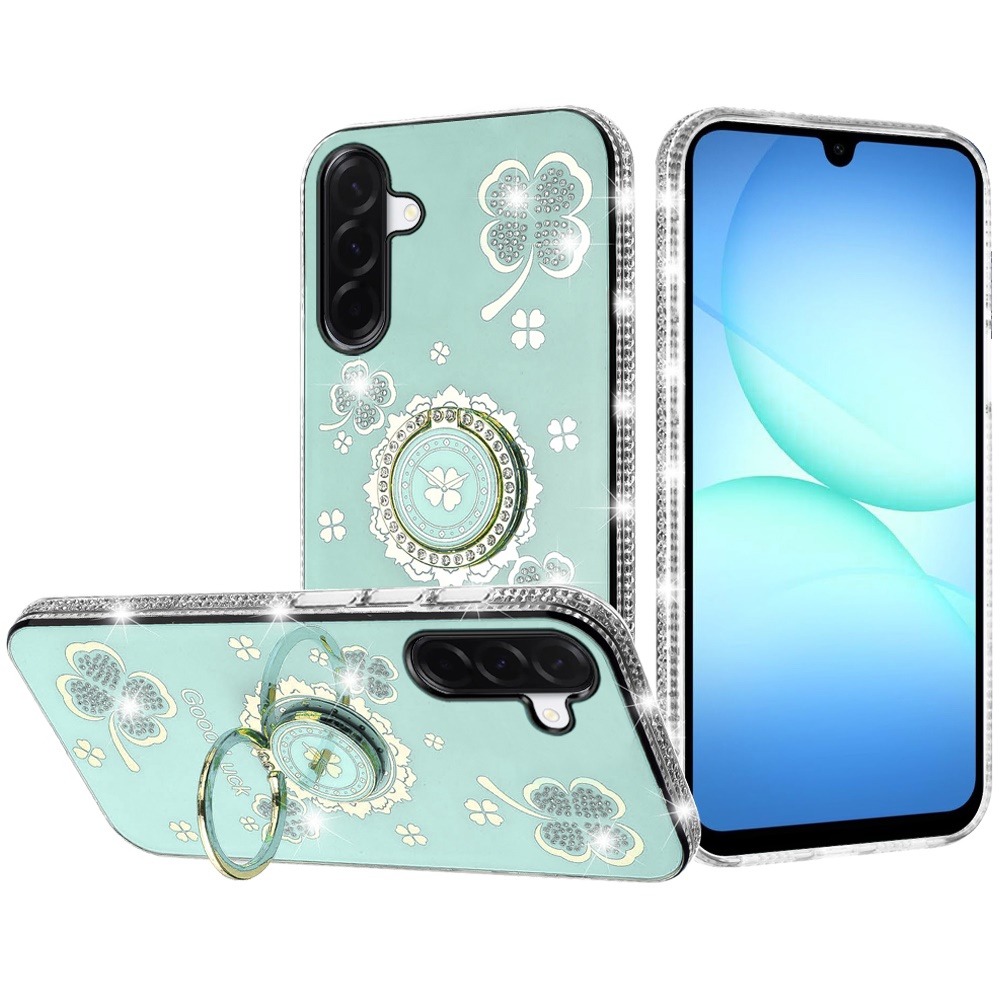 for samsung a17 5g splendid glitter with diamonds all around edges ring stand case cover teal