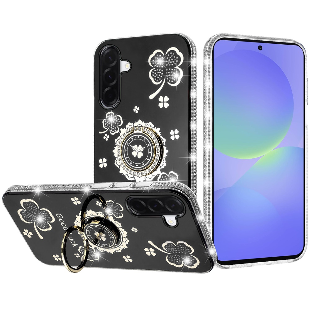 for samsung galaxy a37 splendid glitter with diamonds all around edges ring stand case cover black