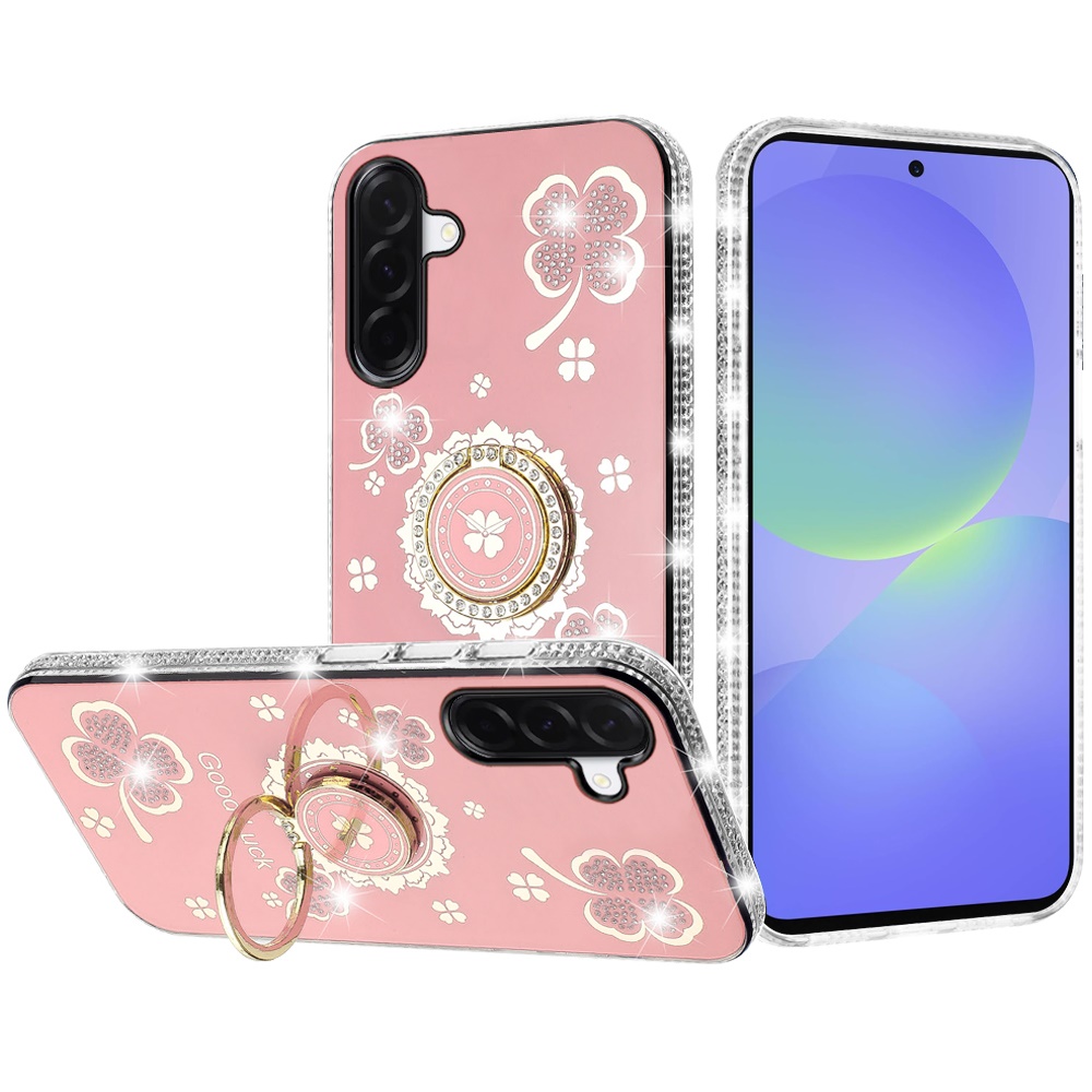 for samsung galaxy a37 splendid glitter with diamonds all around edges ring stand case cover pink
