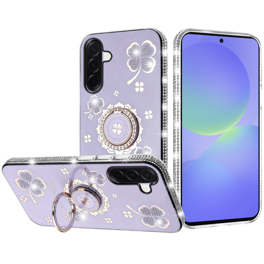 for samsung galaxy a37 splendid glitter with diamonds all around edges ring stand case cover purple