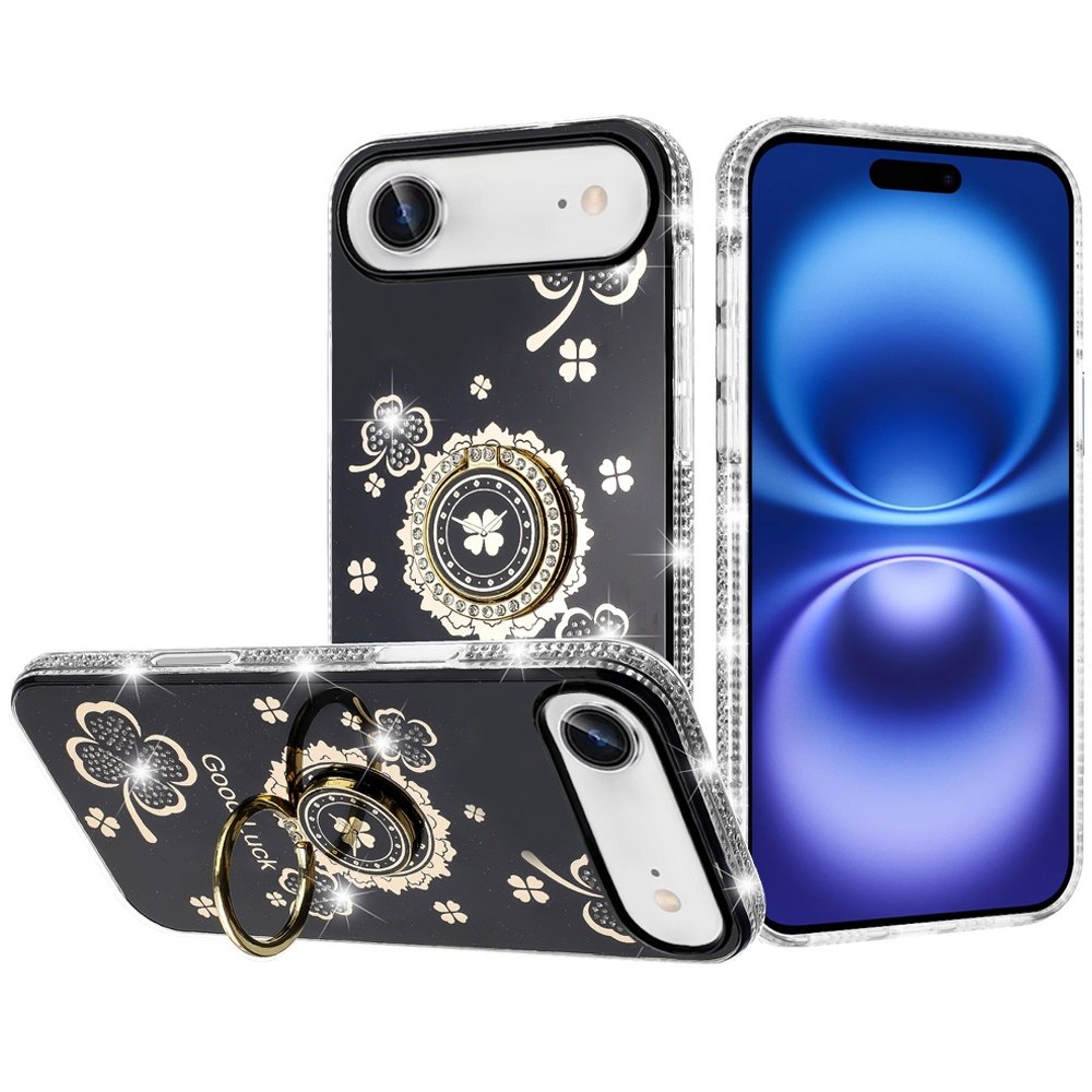 for iphone 17 air splendid glitter with diamonds all around edges ring stand case cover black