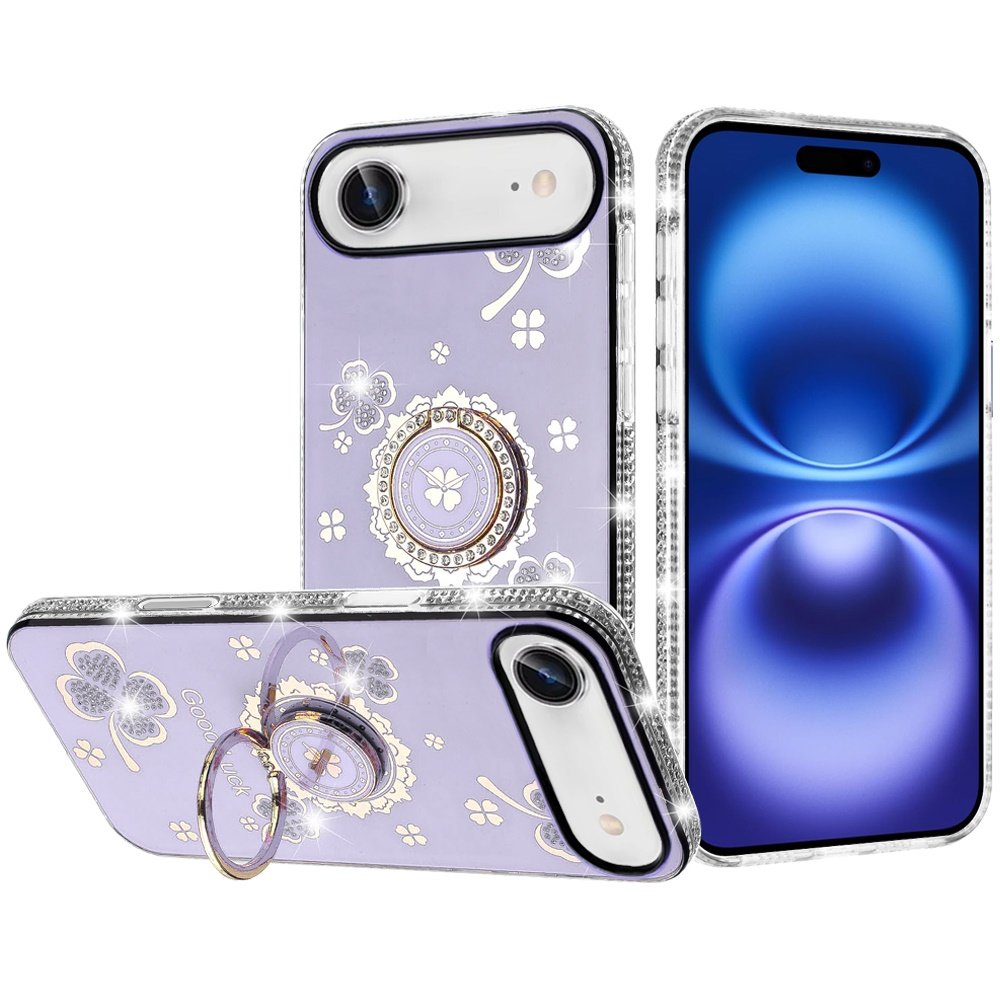 for iphone 17 air splendid glitter with diamonds all around edges ring stand case cover purple