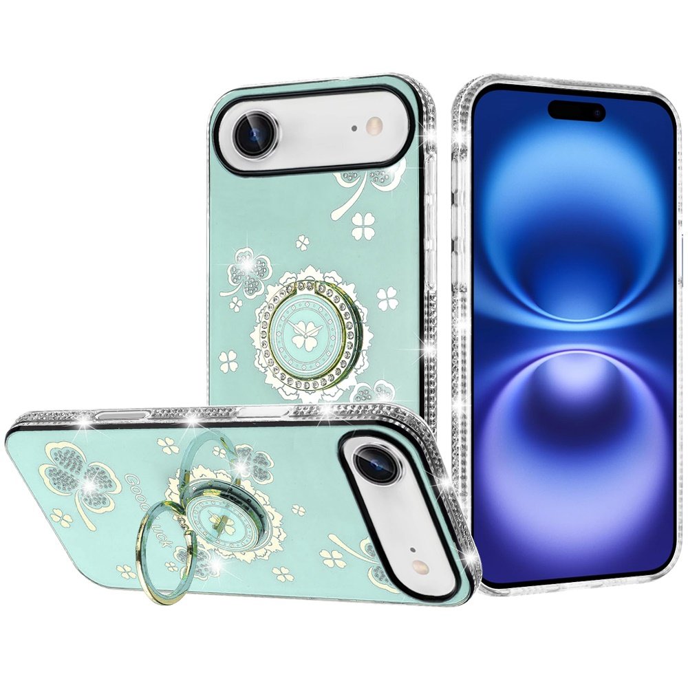for iphone 17 air splendid glitter with diamonds all around edges ring stand case cover teal